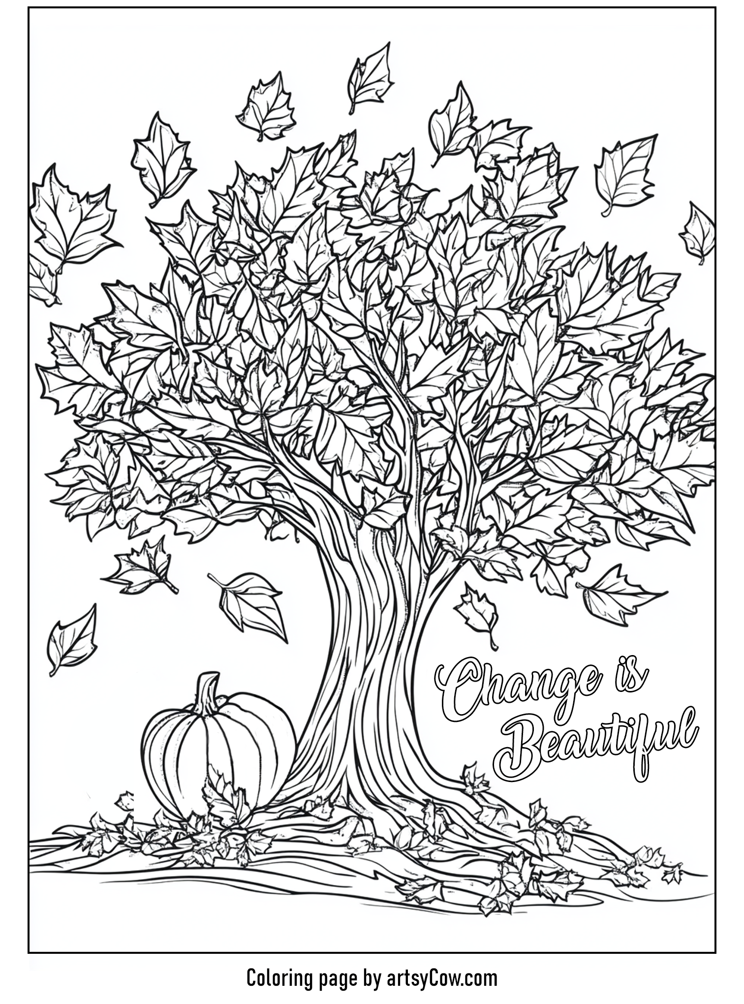 Thanksgiving coloring pages for adults featuring an autumn tree silhouette with falling leaves and a pumpkin, embodying the message 'Change is Beautiful.'